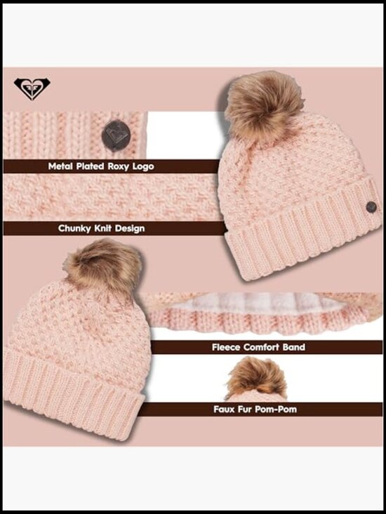 Women\'s Chunky Knit Beanie with Faux Fur Pom, Fleece-Lined Winter Hat